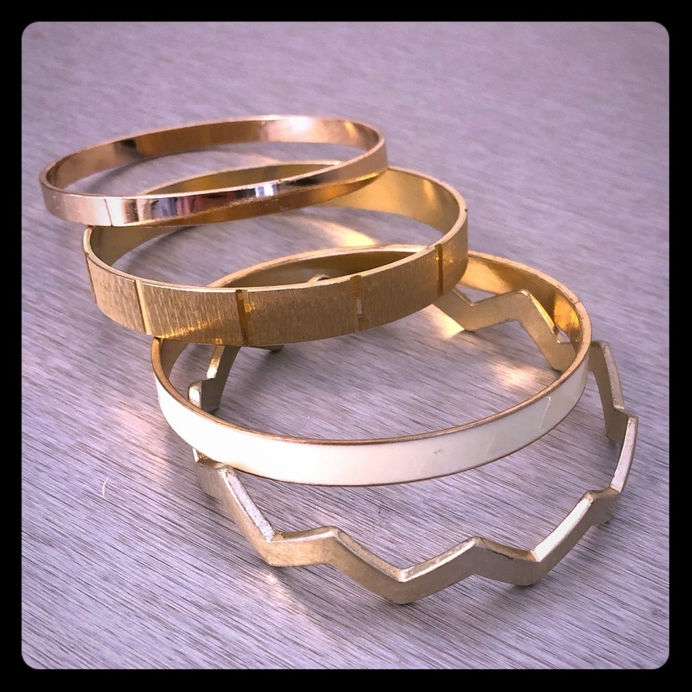 Gold Tone Bangle Bracelet Set | 4-Piece Mixed Texture Stack Minimalist Jewelry - Picture 2 of 4